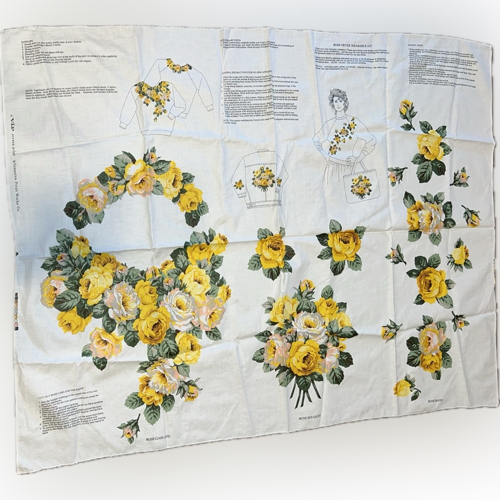 🔴New Vintage Fabric Panel Rose Fever Wearable Art Appliqué Yellow flowers